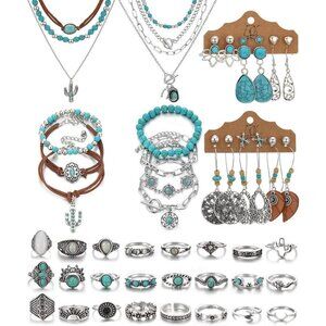 Bohemian Jewelry Set Copper Alloy Turquoise Necklace Earrings Bracelets Rings Wo